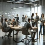 Espacio moderno de coworking con emprendedores interactuando y detalles tecnológicos