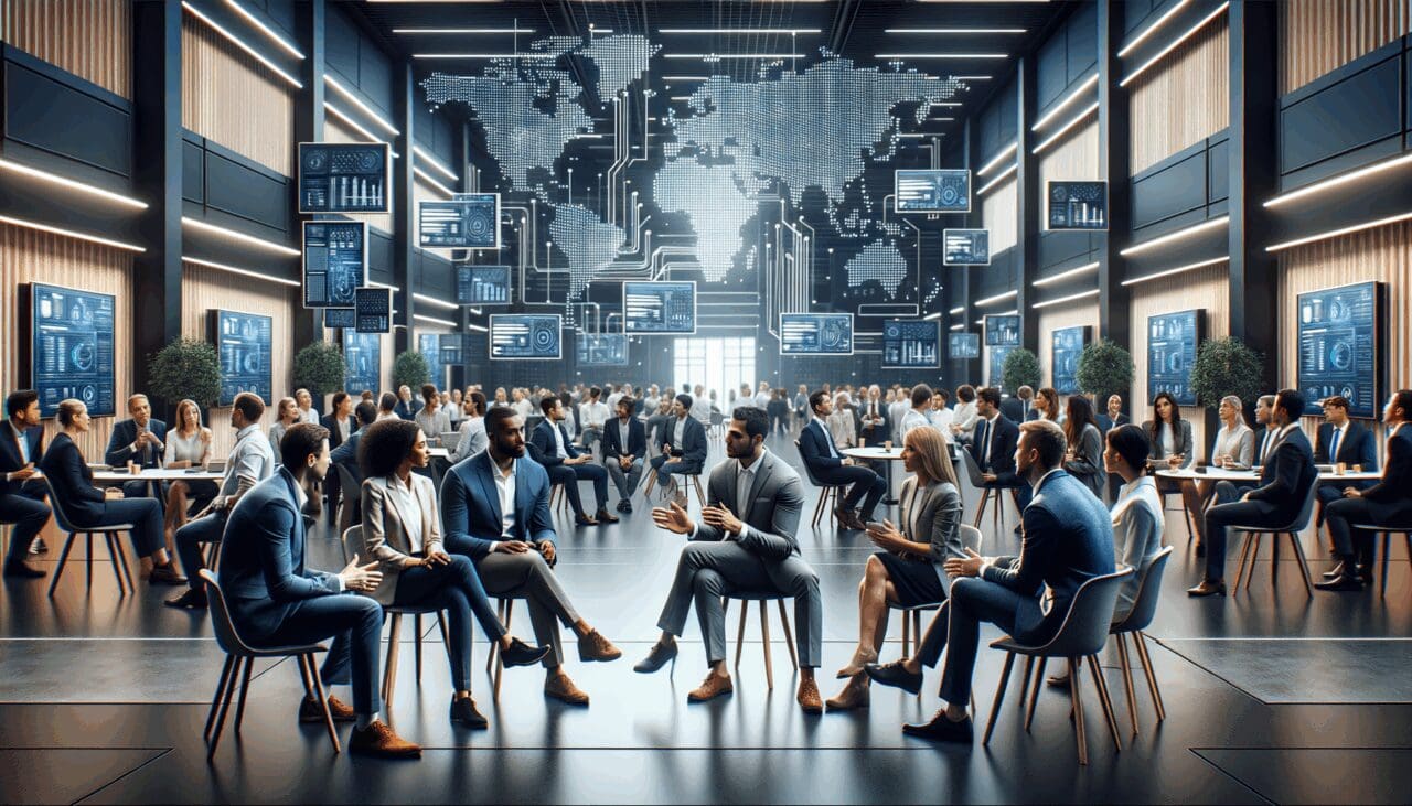 Grupo de emprendedores dialogando en un auditorio moderno, con pantallas digitales y ambiente tecnológico.