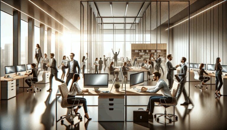 Oficina moderna con emprendedores jóvenes y computadoras, ambiente colaborativo y digital.