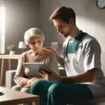 Profesional de la salud atendiendo a una persona mayor en casa con una tablet, ambiente moderno y luminoso.
