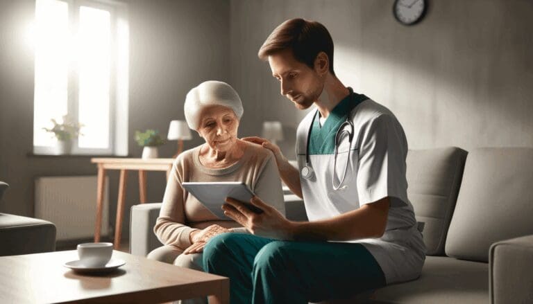 Profesional de la salud atendiendo a una persona mayor en casa con una tablet, ambiente moderno y luminoso.