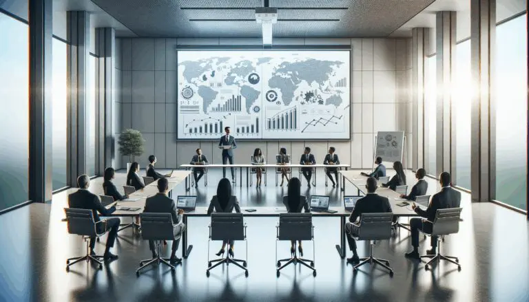 Sala de conferencias moderna con emprendedores presentando proyectos ante un panel internacional.