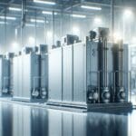 Primer plano de baterías industriales en una instalación de energía renovable, fondo minimalista y tecnológico.