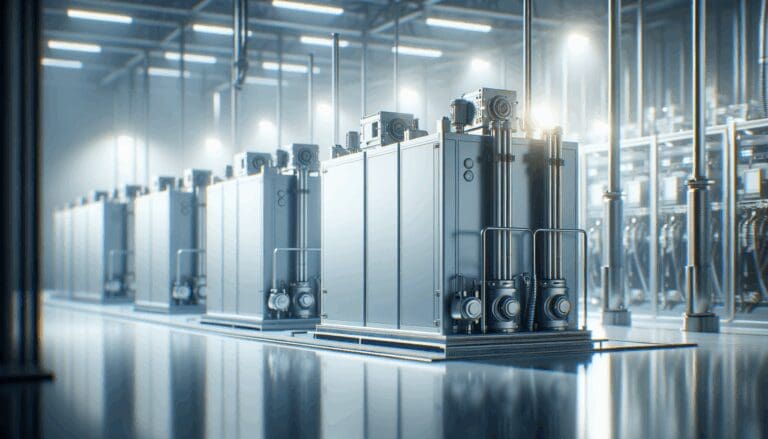 Primer plano de baterías industriales en una instalación de energía renovable, fondo minimalista y tecnológico.