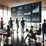 Equipo emprendedor reunido en un espacio moderno, revisando gráficos tecnológicos en pantallas.