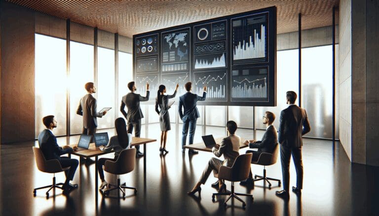 Equipo emprendedor reunido en un espacio moderno, revisando gráficos tecnológicos en pantallas.