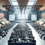 Auditorio lleno de emprendedores en un moderno centro de convenciones, escenario de fondo y ambiente colaborativo.