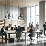 Oficina moderna con equipos de tecnología y emprendedores en ambiente colaborativo, luz natural y detalles minimalistas.