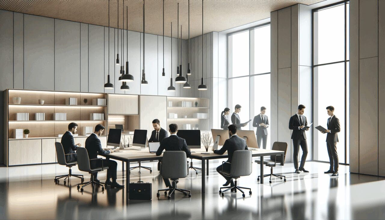 Oficina moderna con equipos de tecnología y emprendedores en ambiente colaborativo, luz natural y detalles minimalistas.