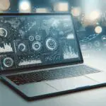 Ilustración moderna de una laptop y gráficos financieros digitales en un entorno tecnológico.