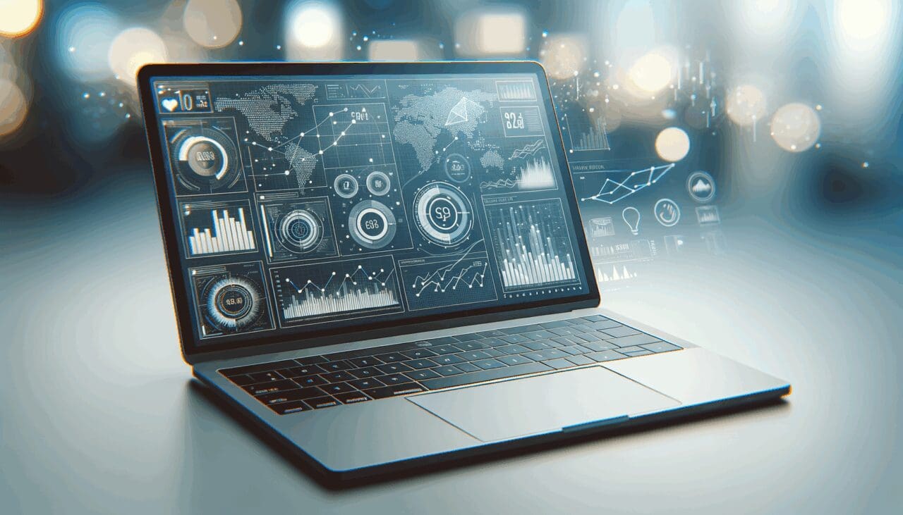 Ilustración moderna de una laptop y gráficos financieros digitales en un entorno tecnológico.