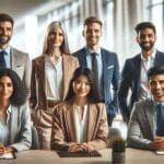 Retrato editorial de un equipo directivo en una sala de reuniones moderna con fondo desenfocado.