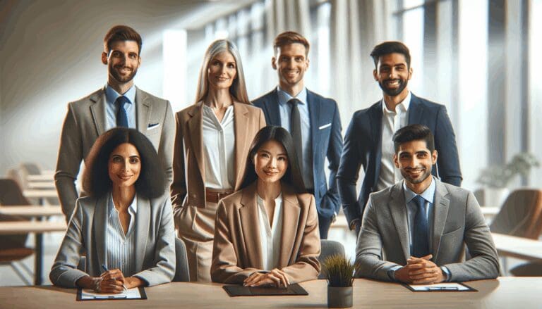 Retrato editorial de un equipo directivo en una sala de reuniones moderna con fondo desenfocado.