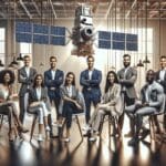 Emprendedores reunidos en un moderno centro de innovación rodeado de elementos tecnológicos y maquetas de satélites.