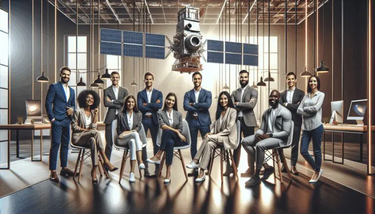 Emprendedores reunidos en un moderno centro de innovación rodeado de elementos tecnológicos y maquetas de satélites.