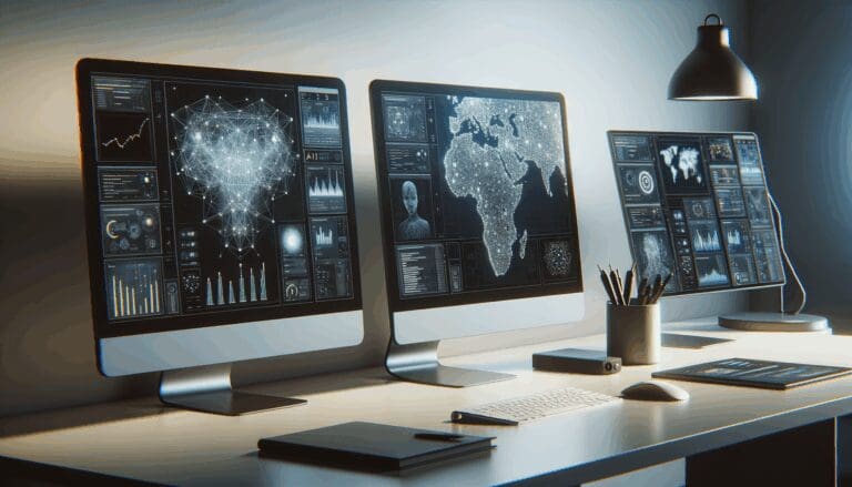 Primer plano de una sala moderna de trabajo con computadoras y pantallas mostrando algoritmos de inteligencia artificial.