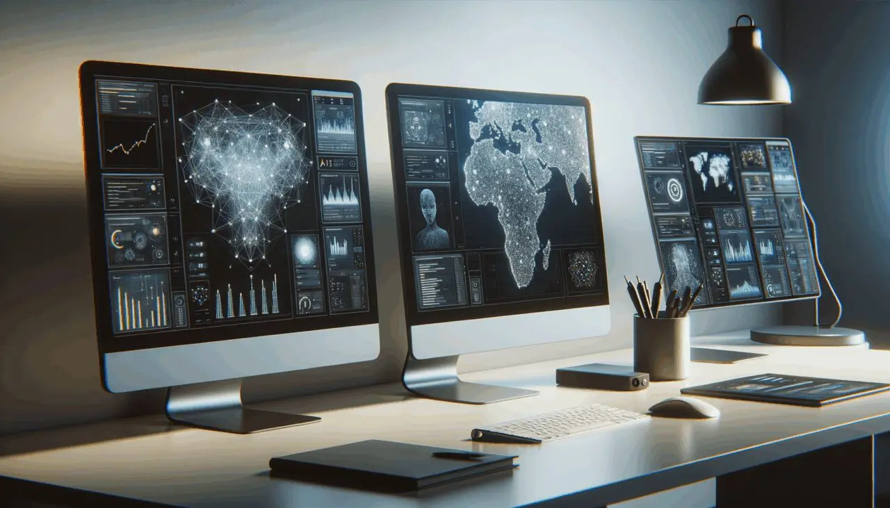 Primer plano de una sala moderna de trabajo con computadoras y pantallas mostrando algoritmos de inteligencia artificial.