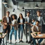 Jóvenes emprendedores colaborando en un espacio de coworking moderno, rodeados de computadoras y pizarras.