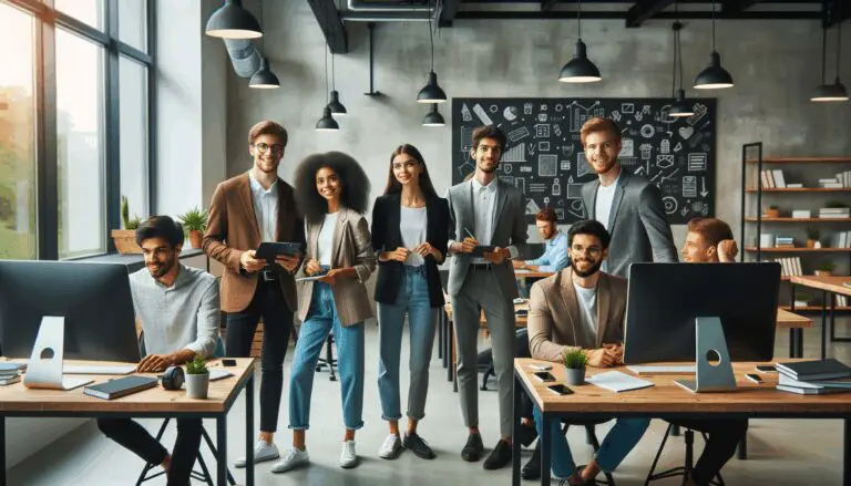 Jóvenes emprendedores colaborando en un espacio de coworking moderno, rodeados de computadoras y pizarras.