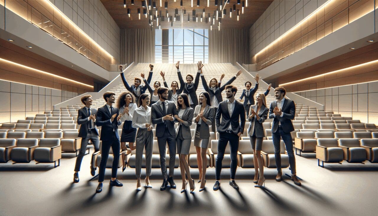Grupo de jóvenes emprendedores celebrando en un auditorio moderno, ambiente profesional y tecnológico
