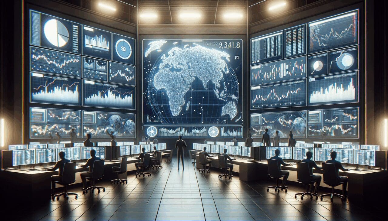 Ilustración digital de una sala de operaciones fintech con pantallas de datos globales y gráficos financieros.