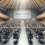 Auditorio moderno repleto de jóvenes emprendedores participando en un evento de innovación.
