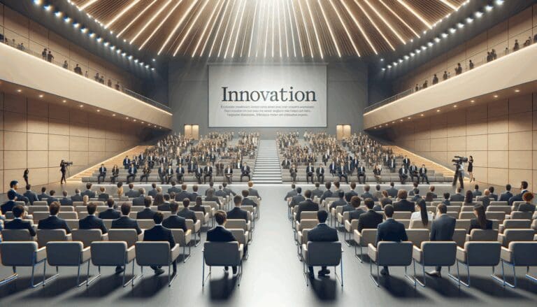 Auditorio moderno repleto de jóvenes emprendedores participando en un evento de innovación.