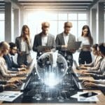 Grupo de emprendedores en un ambiente moderno con laptops y pantallas digitales, representando colaboración tecnológica.