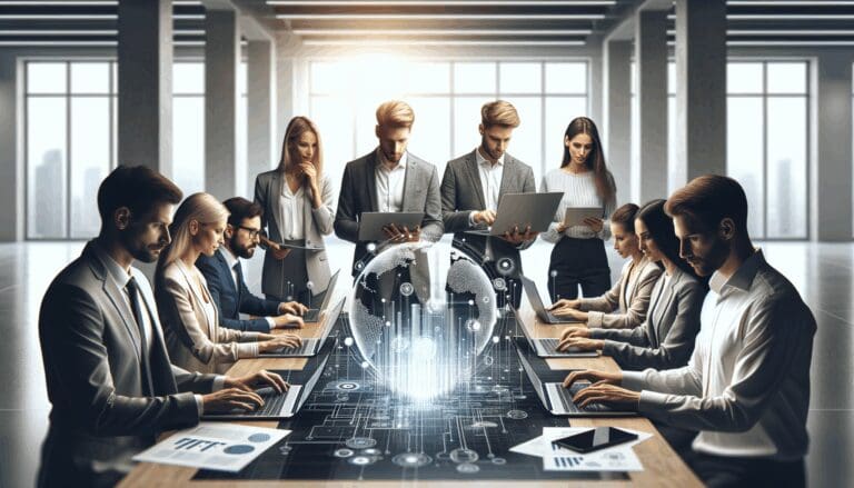 Grupo de emprendedores en un ambiente moderno con laptops y pantallas digitales, representando colaboración tecnológica.