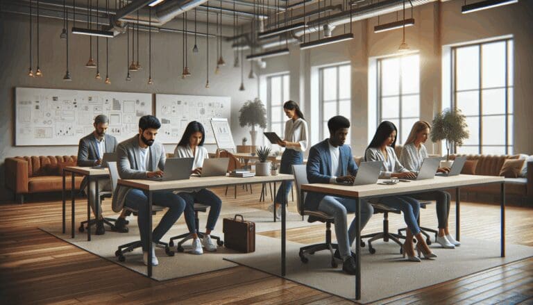 Grupo de emprendedores en un espacio moderno de coworking con laptops y pizarras, luz natural.