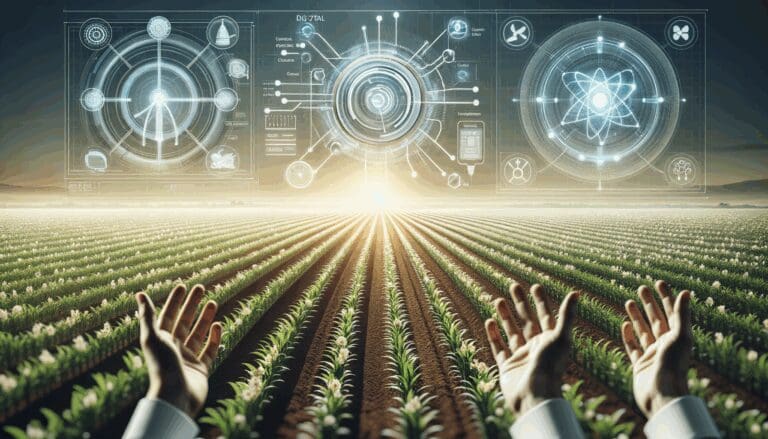 Plano detalle de campo agrícola con tecnología avanzada y sensores digitales instalados