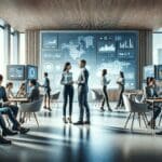 Personas dialogando en una sala moderna con pantallas digitales y ambiente tecnológico