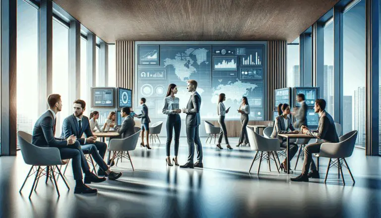 Personas dialogando en una sala moderna con pantallas digitales y ambiente tecnológico