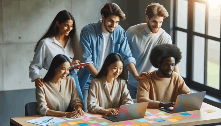 Grupo diverso de jóvenes colaboradores en un espacio moderno y luminoso, trabajando juntos alrededor de portátiles con notas adhesivas coloridas.