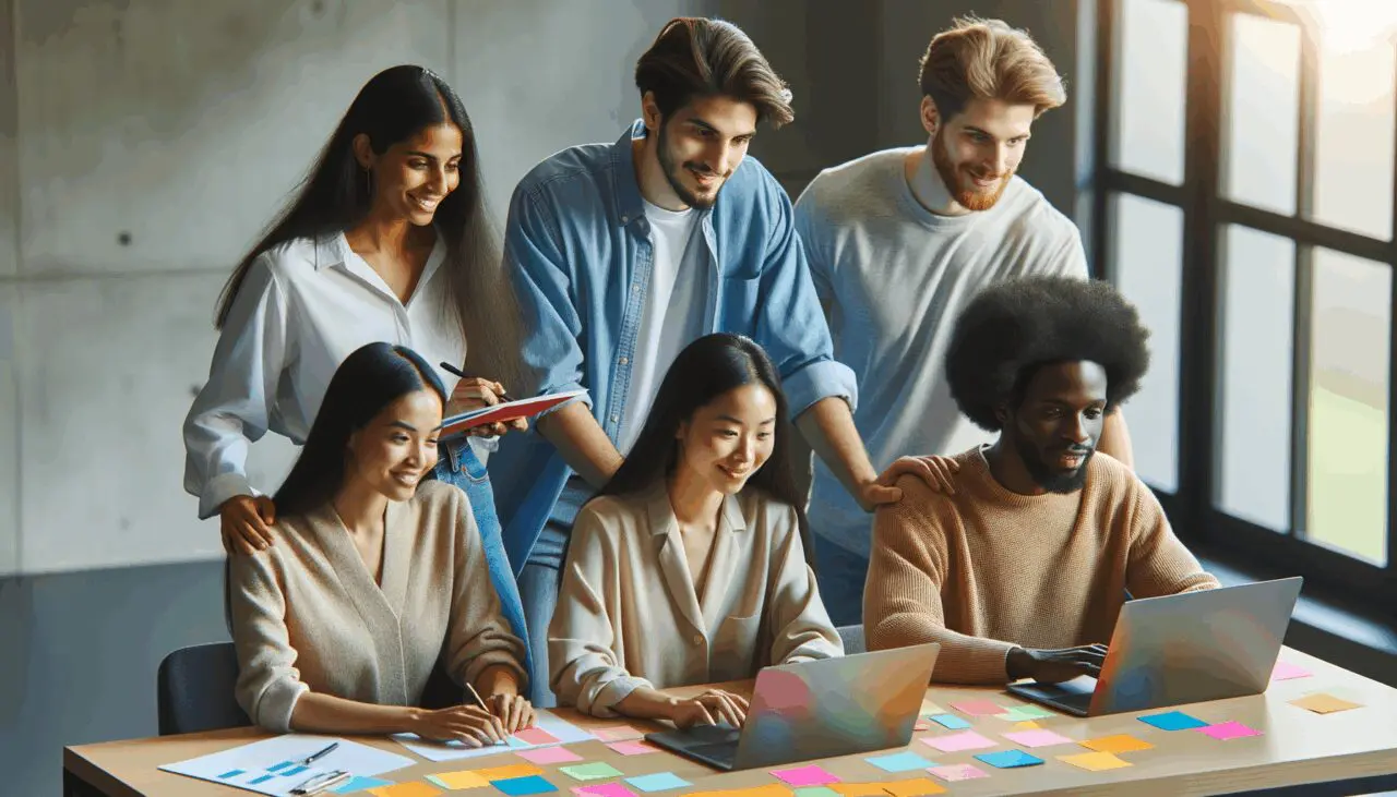 Grupo diverso de jóvenes colaboradores en un espacio moderno y luminoso, trabajando juntos alrededor de portátiles con notas adhesivas coloridas.
