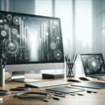 Close-up de dispositivos tecnológicos y cables en un escritorio moderno, con fondo desenfocado.