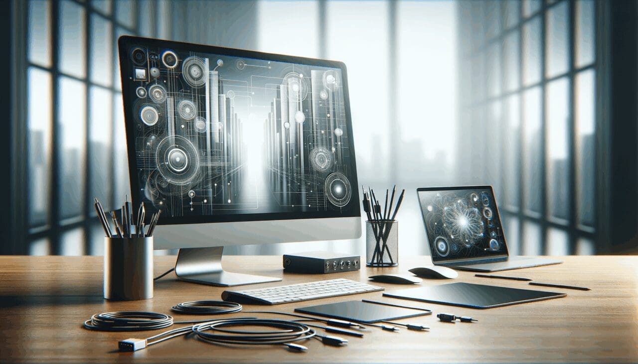 Close-up de dispositivos tecnológicos y cables en un escritorio moderno, con fondo desenfocado.