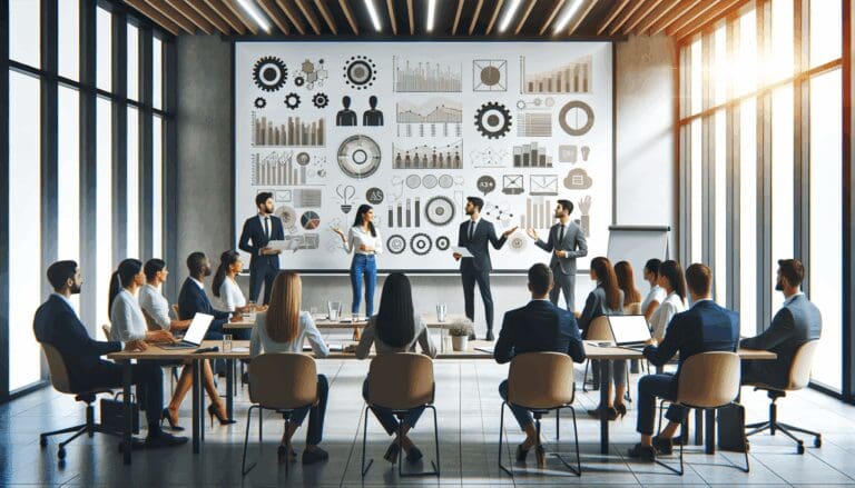 Emprendedores latinoamericanos presentando ideas en una sala de reuniones luminosa con pantallas y portátiles.