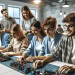 Grupo de jóvenes aprendiendo habilidades técnicas en un moderno taller tecnológico, con ambiente colaborativo.