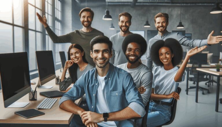 Retrato de jóvenes emprendedores trabajando en una oficina tecnológica con dispositivos modernos y pantallas.