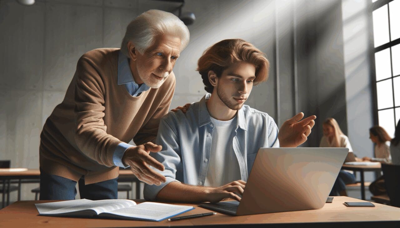 Joven junto a adulto trabajando juntos en una laptop en un ambiente moderno de coworking.