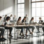 Oficina abierta y minimalista con jóvenes trabajando en computadoras portátiles, luz natural y ambiente creativo.