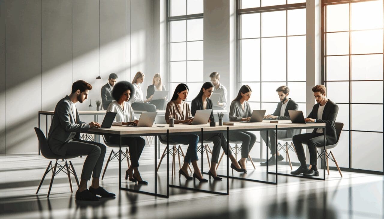 Oficina abierta y minimalista con jóvenes trabajando en computadoras portátiles, luz natural y ambiente creativo.