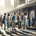 Grupo de personas jóvenes subiendo a un autobús moderno en un entorno urbano, iluminados por luz natural.