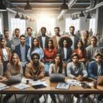 Grupo diverso de jóvenes emprendedores reunidos en un espacio de coworking moderno, rodeados de tecnología.