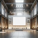 Interiores renovados de una fábrica antigua con pantallas mostrando arte digital en gran formato.