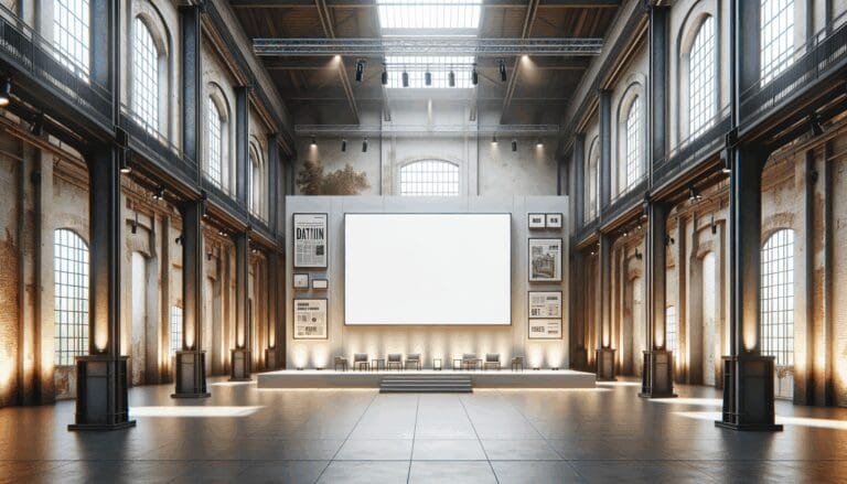 Interiores renovados de una fábrica antigua con pantallas mostrando arte digital en gran formato.