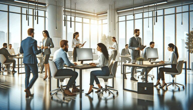 Oficinas modernas con empleados colaborando alrededor de mesas y computadoras en un ambiente tecnológico latinoamericano.