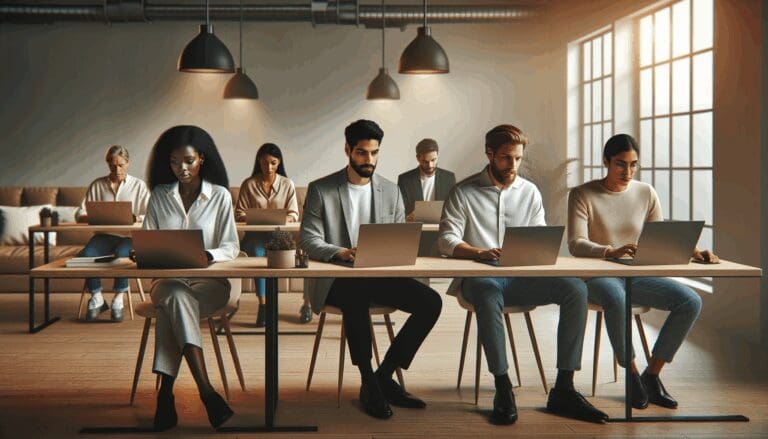 Grupo diverso de emprendedores trabajando en laptops dentro de un moderno espacio de coworking con luz natural.