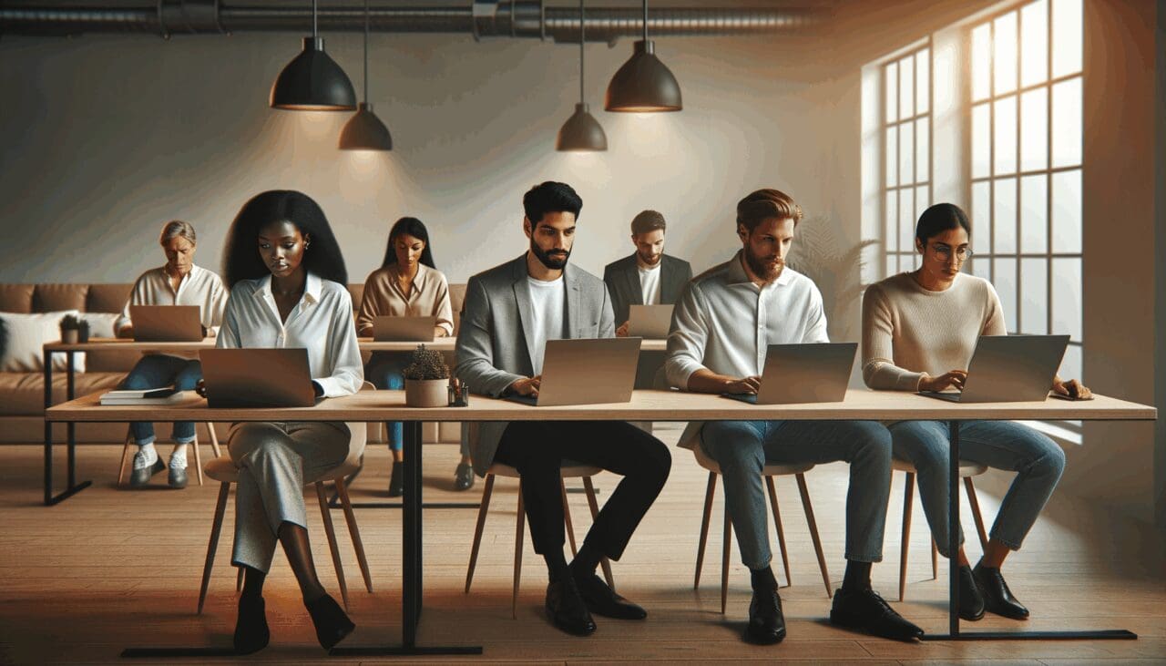 Grupo diverso de emprendedores trabajando en laptops dentro de un moderno espacio de coworking con luz natural.